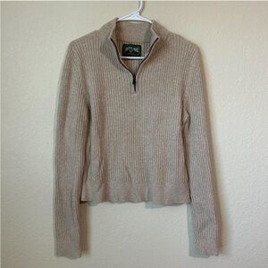 American Eagle Outfitters Beige Ribbed Turtleneck Quarter Zip Sweater